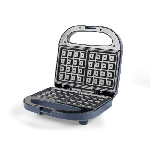 Electric waffle maker with open non-stick plates, shown in blue.