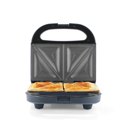 Open sandwich maker with two toasted sandwiches inside, shown from the front