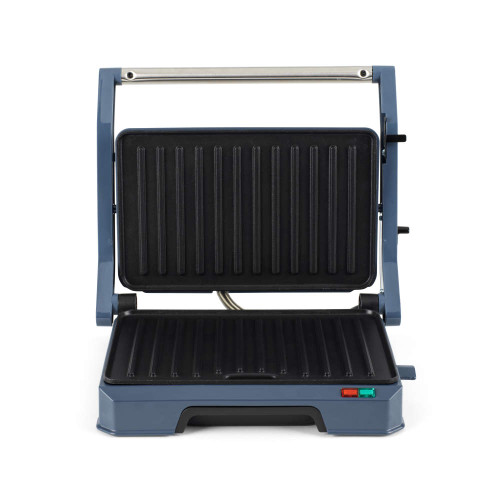 Blue electric panini press with open grill plates, shown from the front.