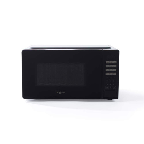 Black digital microwave oven with keypad, front view