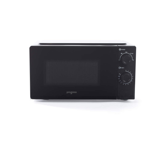 Black compact microwave oven with manual dials, front view