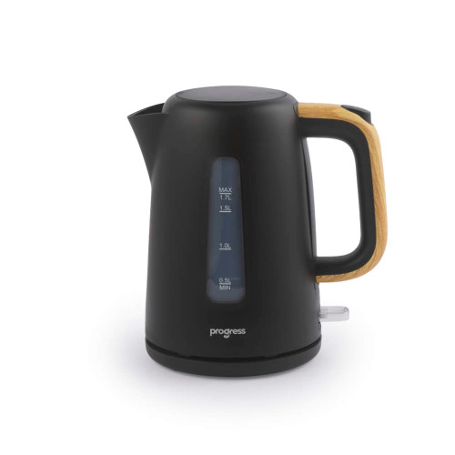 Black electric kettle with wood-effect handle, side water level window, product image.