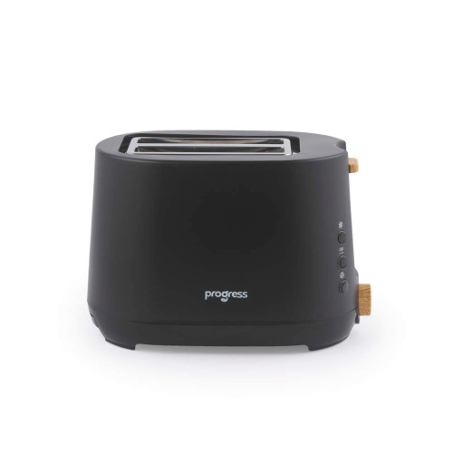Black 2-slice toaster with wood-effect controls, Progress branding visible