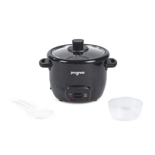 Black electric rice cooker with glass lid and side handles
