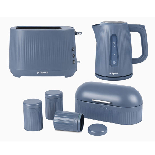 Blue kitchen set with toaster, kettle, bread bin, tea, coffee and sugar canisters