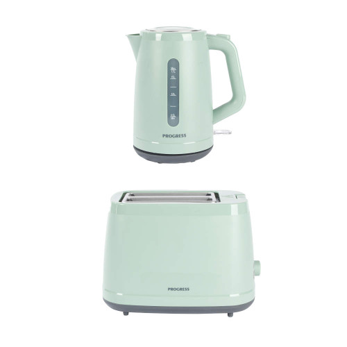 Pale green electric kettle and 2-slice toaster set, modern design, side view