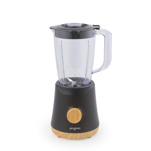 Black Progress blender with clear jug and wood-effect dial, shown upright on white background