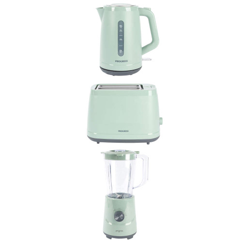 Set of mint green kettle, toaster and blender on white background