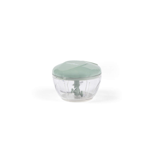 Manual food chopper with green lid and clear bowl, shown on white background