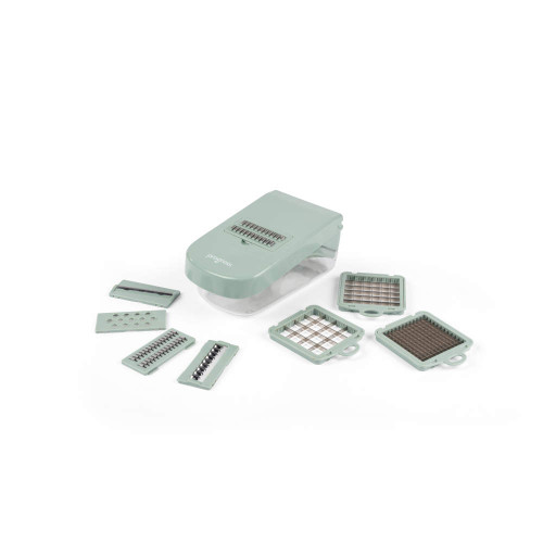 Green multi-blade vegetable chopper set with interchangeable slicing and dicing attachments.