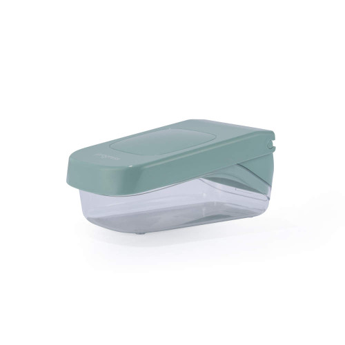 Green manual food chopper with clear container, side view