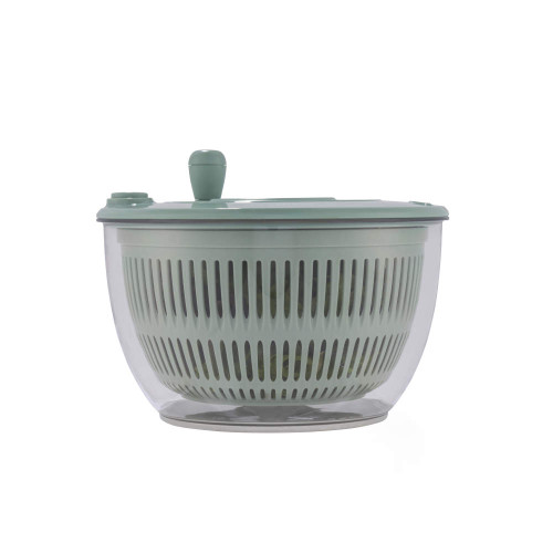 Green salad spinner with clear bowl and lid, shown from the side.