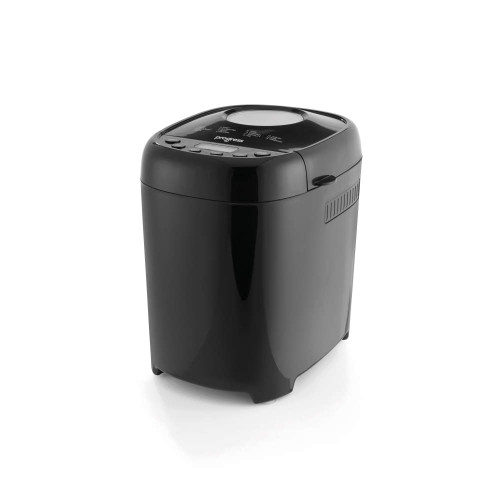 Black bread maker with digital controls, shown at angle on white background