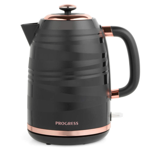 Black electric kettle with rose gold accents, side view