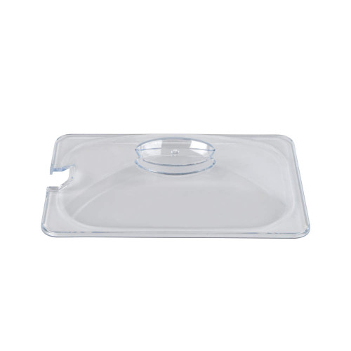 Clear plastic square lid with central handle, shown on white background