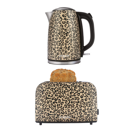 Leopard print kettle and toaster set with toast, cream and black finish
