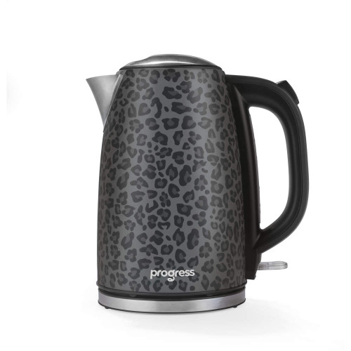 Black kettle with grey leopard print pattern and Progress logo, side view