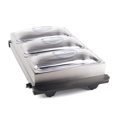 Stainless steel buffet server with three warming trays and glass lids, shown with hot plate.
