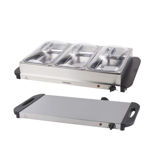 Stainless steel buffet server with three warming trays and glass lids, shown with hot plate.