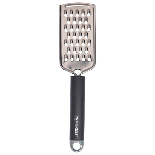 Stainless steel flat grater with black handle, shown on a white background