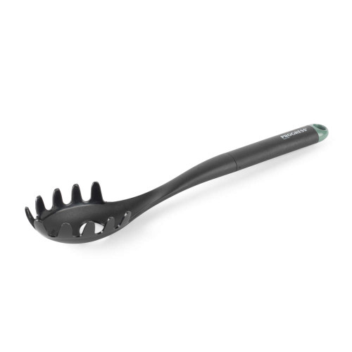 Black pasta server with green tip handle, shown on white background