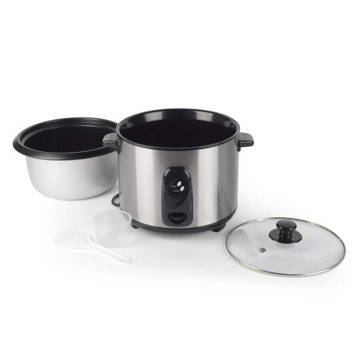 Stainless steel rice cooker with inner pot, glass lid, measuring cup and rice paddle