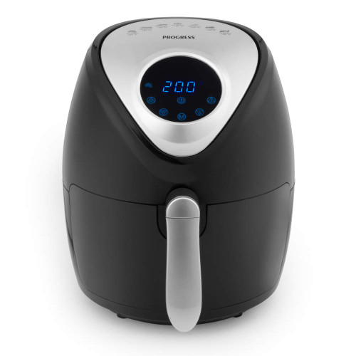 Black digital air fryer with touch controls and display on white background