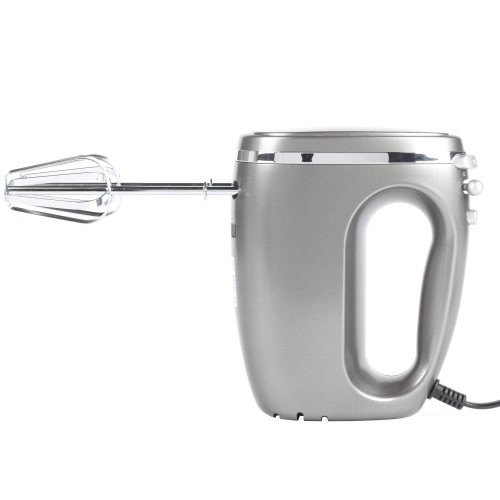 Gunmetal electric hand mixer with beater attachment, side view