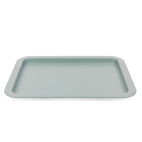 Green non-stick baking tray, rectangular, shown from above