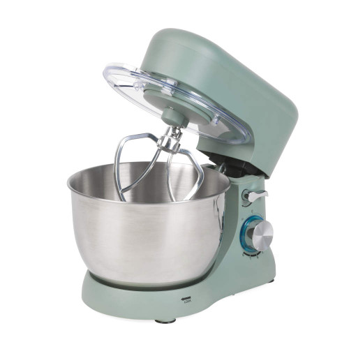 Teal stand mixer with stainless steel bowl, angled side view, tilt-head open