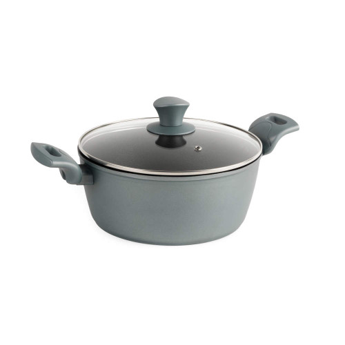 Grey cooking pot with glass lid and side handles, shown on white background