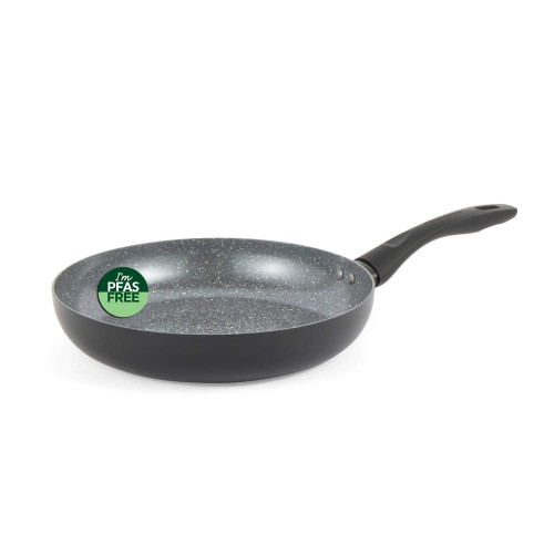 Grey non-stick frying pan with PFAS free label, shown from side angle