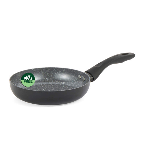 Grey non-stick frying pan with speckled interior, black handle, labelled PFAS free