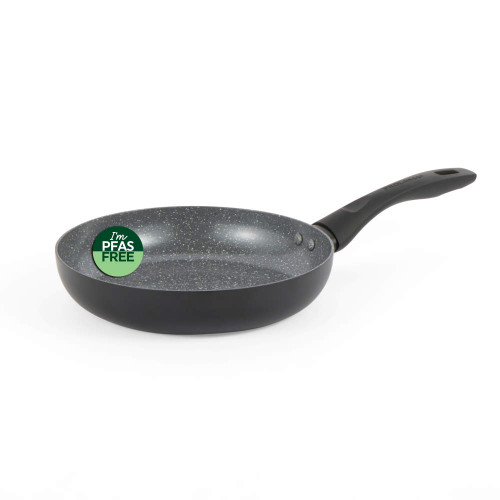 Grey non-stick frying pan with speckled interior, PFAS free sticker on side