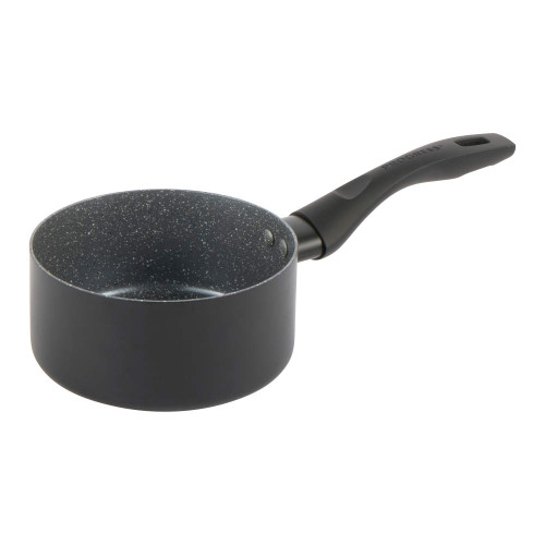 Black non-stick saucepan with speckled interior and curved handle, shown from the side