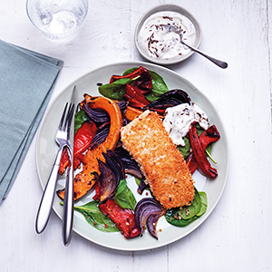 Quinoa-Crusted Salmon with Roasted Veg