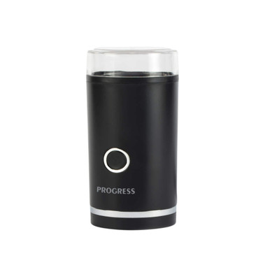 Black electric coffee grinder with clear lid, Progress logo on front.