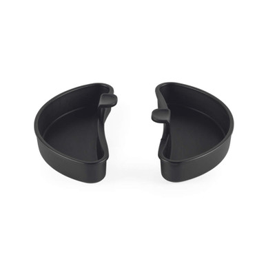 Pair of black semi-circular plastic drip trays shown side by side