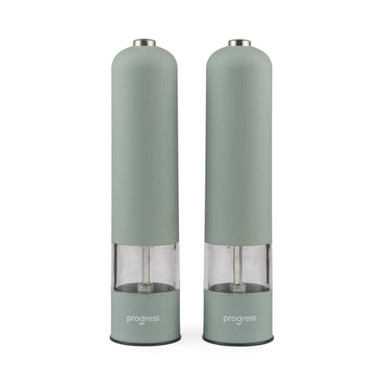 Set of two green Progress electric salt and pepper mills with clear base