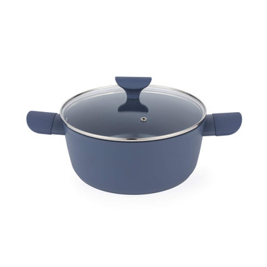 Blue casserole pot with glass lid and side handles, shown on plain white background