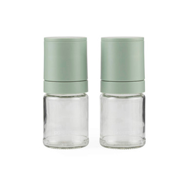 Set of two glass herb or spice storage jars with sage green lids