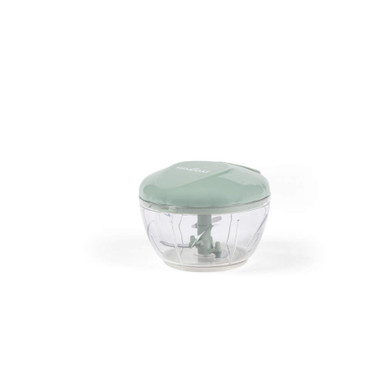 Manual food chopper with green lid and clear bowl, shown on white background