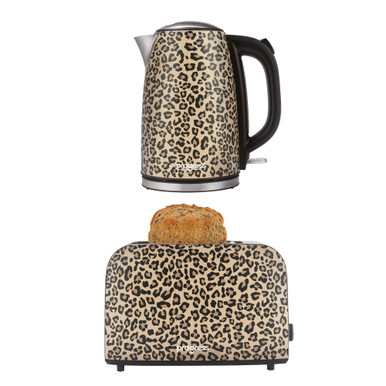Leopard print kettle and toaster set with toast, cream and black finish