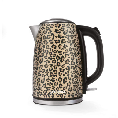 Beige electric kettle with black leopard print pattern, shown upright on a white background