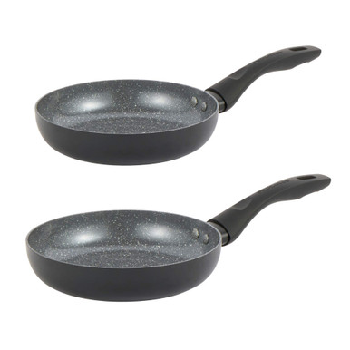 Set of two black frying pans with grey speckled non-stick interior