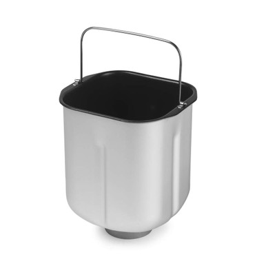 Bread maker pan with handle, silver exterior and black interior, shown on plain background