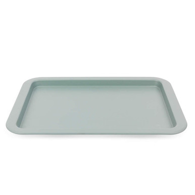 Green non-stick baking tray, rectangular, shown from above