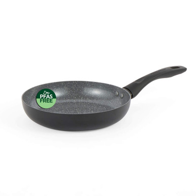 Grey non-stick frying pan with speckled interior, PFAS free sticker on side