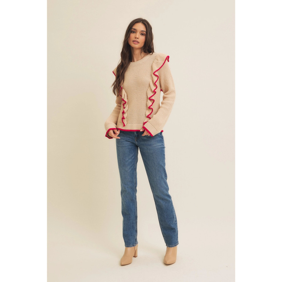 Ruffle Trim Sweater {Oat/Red}