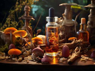 a glass dropper filled with a rich amber tincture, surrounded by an array of vibrant medicinal mushrooms such as reishi, chaga, and lion's mane